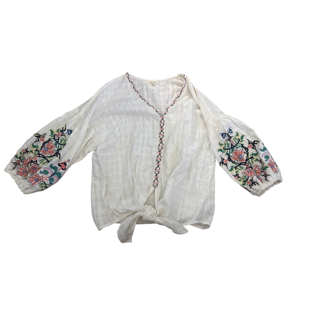 Max Studio XL White Embroidered Puff Sleeve Tie Front Boho Blouse Top